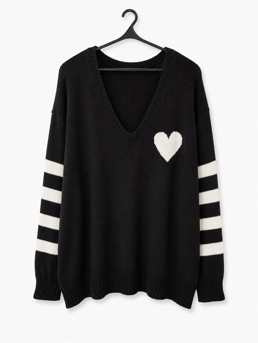 SHEIN Black V-Neck Sweater with White Heart and Stripe Sleeves